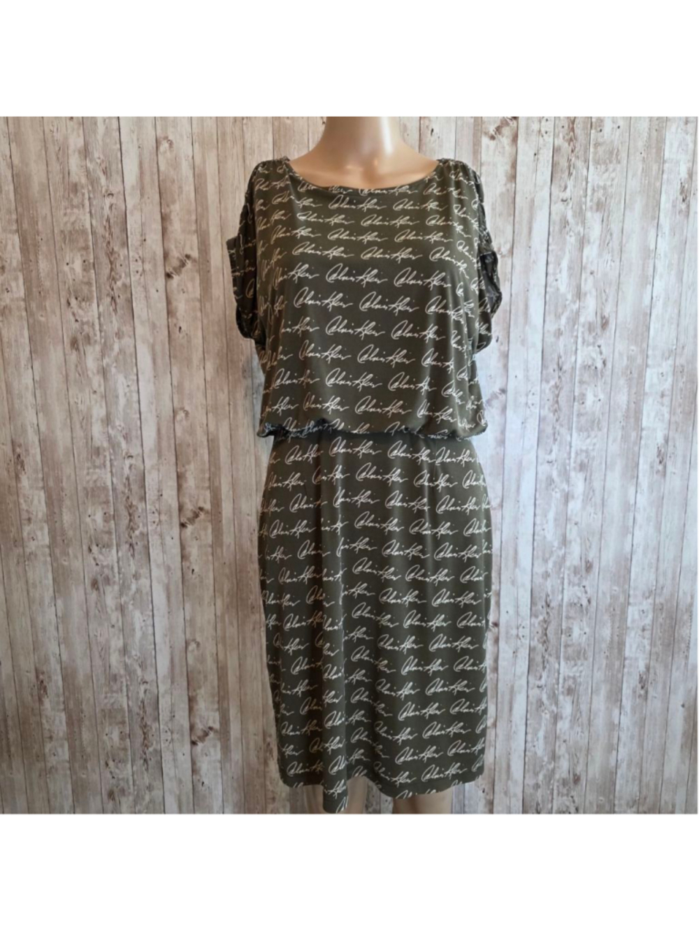 Calvin Klein Olive Green & White Script Dress Size 6